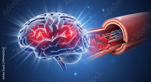 Human brain glowing with active or damaged areas receiving blood supply from a vessel cross section