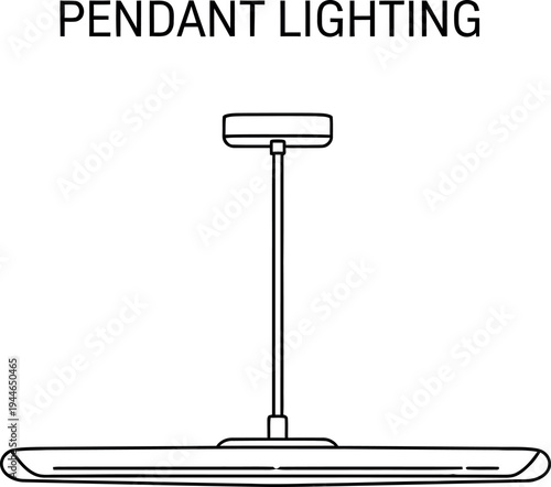 Minimalist line art illustration depicts a modern rectangular led linear pendant light fixture suspended from the ceiling by a rod.