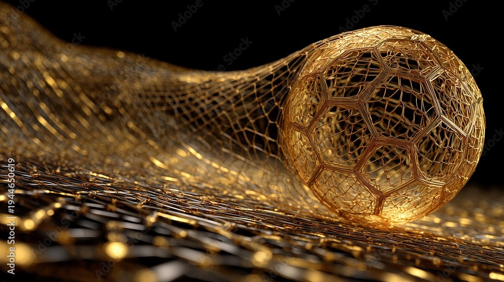 Naklejka premium Abstract golden soccer ball hitting net made of gold wire mesh against black background with shallow depth of field