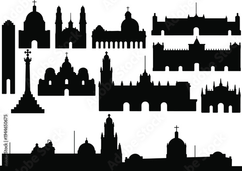Architectural landmark silhouettes, famous buildings, cultural heritage illustration, religious monuments, historic towers, domed structures, vector art, city skyline, travel architecture design