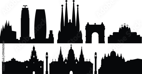 Barcelona architecture silhouettes, Sagrada Familia, Arc de Triomf, Spanish landmarks, Gothic, Modernist, skyline, travel, tourism, Spain heritage, culture