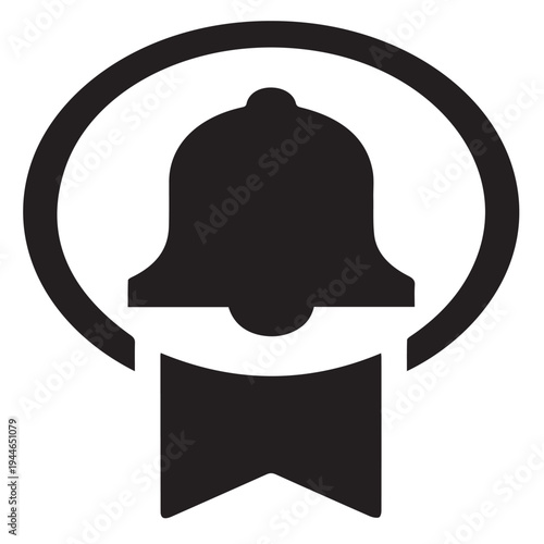 Stylized black and white logo featuring school bell enclosed in oval outline with ribbon element below simple symmetrical design symbolizing education achievement and certification