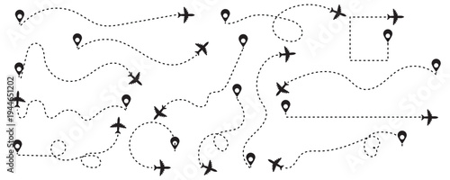 Airplane line path icon of air plane flight route dash line trace with start point. Aircraft tracking, plane path, location pins. Vector illustration.