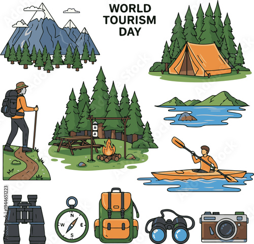 World Tourism Day Outdoor Adventure and Camping Elements Vector Set
