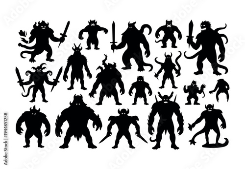 A collection of black silhouette monsters and scary demons with horns and weapons on a white background