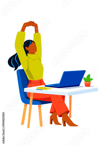 Businesswoman stretching and relaxing after working at laptop vector illustration, female office worker taking break at desk, modern remote work lifestyle character isolated on transparent background