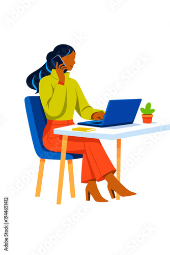Businesswoman working at laptop and talking on smartphone vector illustration, female office worker multitasking with phone call, isolated vector on transparent background