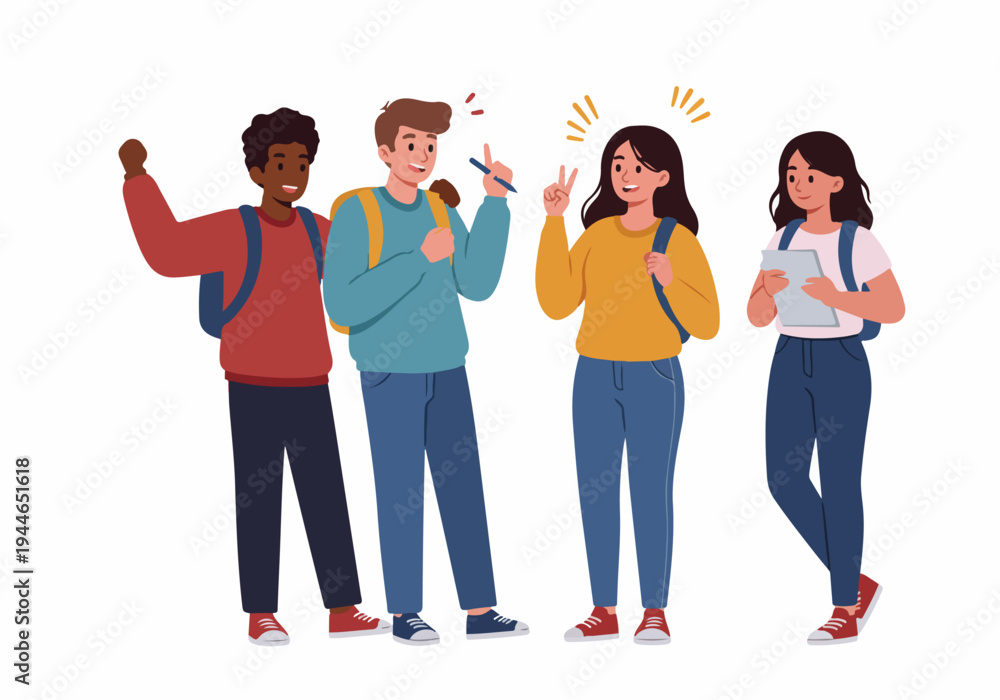 Obraz premium Happy and diverse group of college or high school students wearing backpacks, celebrating friendship and education success.