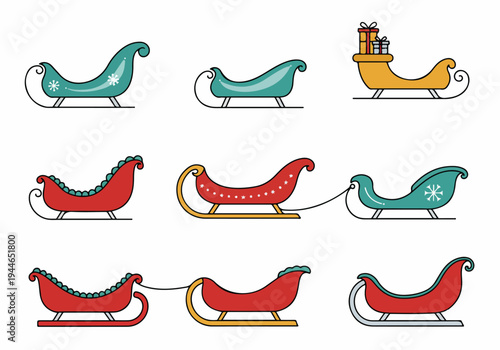 Collection of Colorful Christmas and Winter Sleigh Icons: Nine Vector Illustrations Featuring Festive Colors, Snowflakes, and Gifts on a White Background.