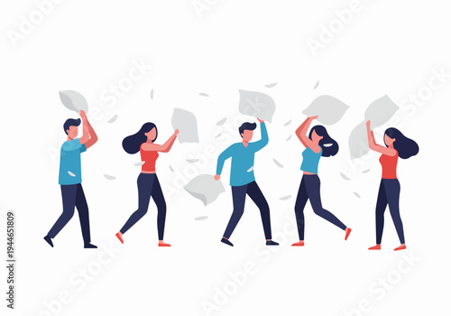 Flat vector illustration of young adults having a fun, energetic pillow fight with feathers flying on a white background.