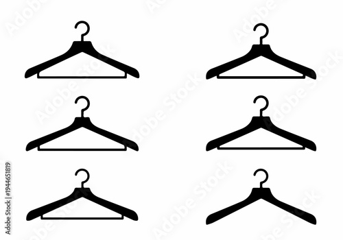 Six clothes hangers icon set. Black silhouette vector illustration of wardrobe storage items isolated on white.