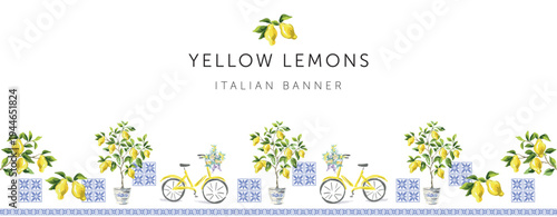 Lemon trees in a pots, branches with yellow lemon fruits, green leaves, blue ceramic tile, bicycles, white background. Banner template with text. Vector illustration. Italian coast. Summer border