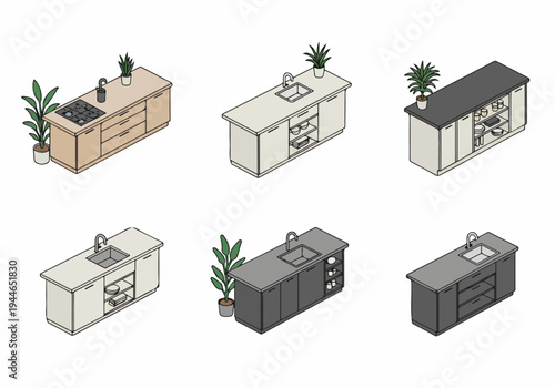 Set of six isometric modern kitchen island illustrations featuring different layouts, sinks, stovetops, and storage options in various colors.