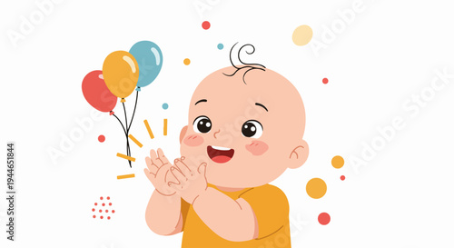 Adorable cartoon baby celebrating, happily clapping hands with colorful balloons and confetti on a white background.