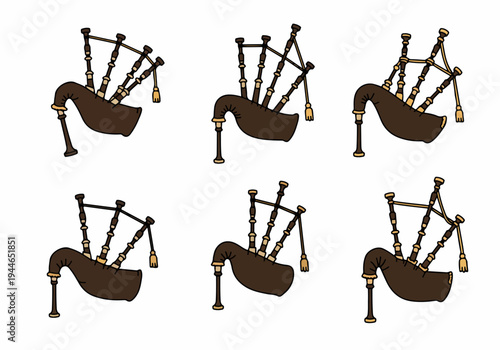 Hand drawn vector seamless pattern of traditional Scottish bagpipes musical instruments arranged on a white background, symbolizing cultural heritage.
