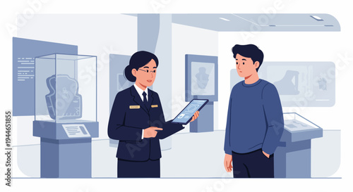 Museum curator or guide uses a digital tablet to explain exhibit details to a visitor in a gallery.