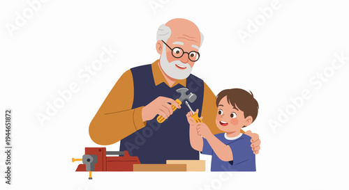 Happy Grandfather Teaching Grandson Carpentry Skills Using Tools and Vise in a DIY Project, Illustrating Intergenerational Learning.