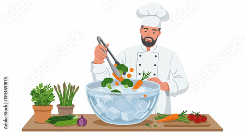 A male chef blanching fresh vegetables like broccoli and carrots in a large bowl of ice water using tongs, illustrating professional food preparation.