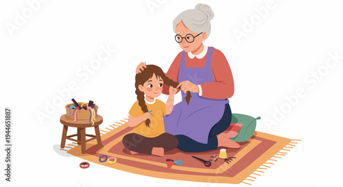 Happy grandmother braiding her granddaughter's long hair on a colorful rug, symbolizing intergenerational bonding and care.