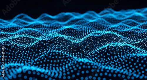 Blue dots on a dark background represent a flowing grid, data visualization for AI agent or swarm technology. Big data stream concept.