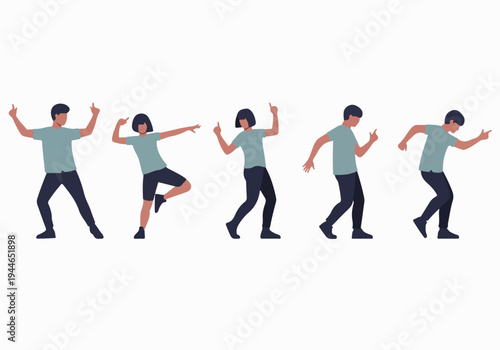 Diverse set of young people performing energetic dance moves, isolated vector illustration for party, fitness, or celebration themes.