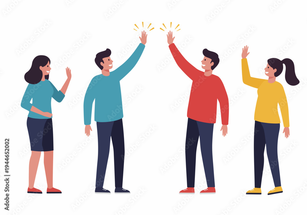 Fototapeta premium Team Celebration: Diverse Group of People High-Fiving and Waving, Illustrating Teamwork, Success, and Greeting on a White Background.