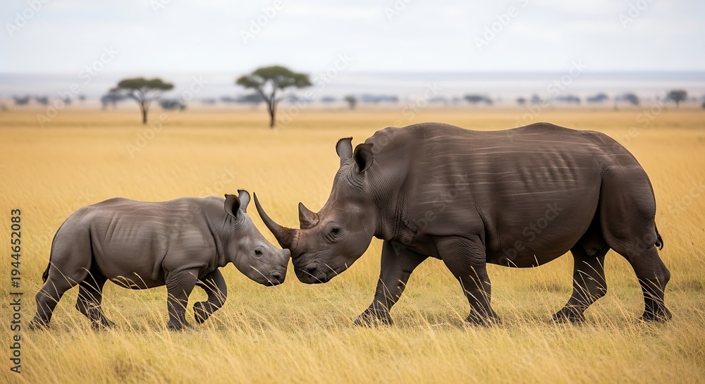 Fototapeta premium Mother and baby rhinoceros walking across the savanna together