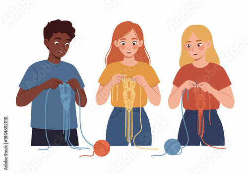 Diverse young people concentrating intensely on learning macrame craft, looking confused or struggling with their DIY textile projects.