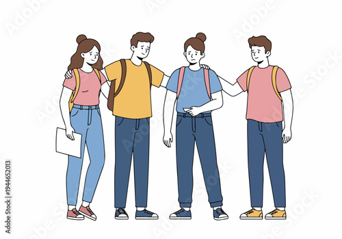 Group of four university students with backpacks standing together, illustrating friendship, peer support, and teamwork.