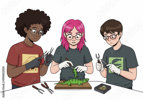Diverse young students using tools and gloves to carefully dissect a green lizard specimen during a science class experiment.