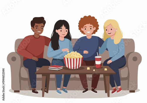 Happy diverse friends watching a movie at home, sitting on a sofa and sharing a bucket of popcorn during a relaxed evening gathering.