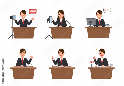 Collection of flat vector illustrations depicting professional news anchors, journalists, and reporters delivering news broadcasts from a studio or podium.