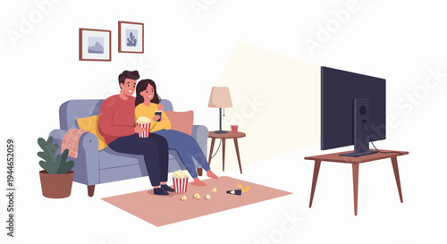 Happy couple watching television together on a cozy sofa, enjoying popcorn and a relaxing evening at home.