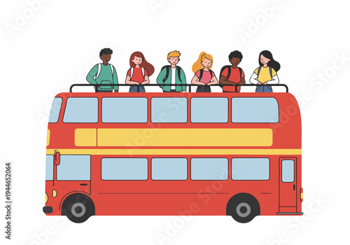 Diverse young tourists riding a red double-decker sightseeing bus, enjoying the view from the open top deck.