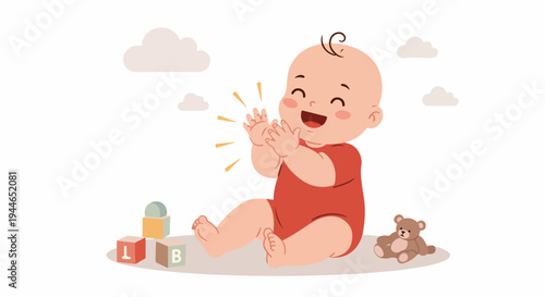 Adorable baby sitting and clapping happily in a vector illustration, surrounded by wooden blocks and a teddy bear, symbolizing childhood joy.