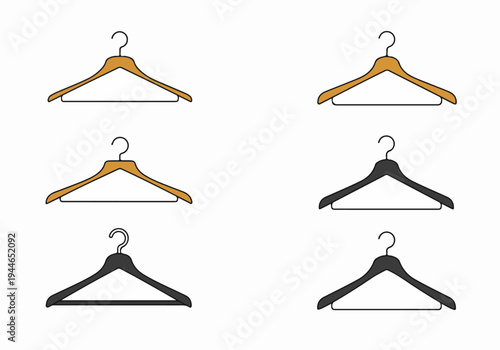 Collection of six stylized clothing hangers, featuring brown wood and dark gray plastic designs, isolated vector illustration on a white background.