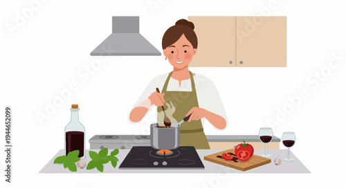 Smiling woman in an apron cooking and stirring sauce on the stove, surrounded by fresh ingredients and wine glasses.