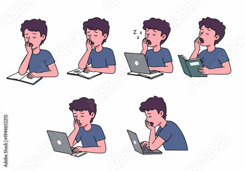 Collection of illustrations showing a sleepy, bored student yawning while studying, reading, or working on a laptop, representing exhaustion and overwork.