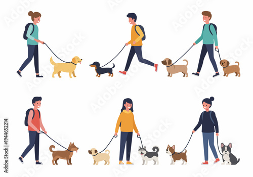 Flat vector illustration featuring diverse dog walkers exercising various dog breeds on leashes, isolated on white.