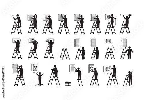 A comprehensive series of stick figures demonstrating the process of installing and servicing air conditioners