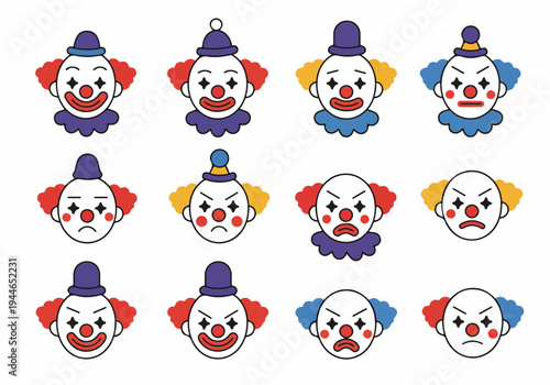 Set of 12 vector clown heads with multiple facial expressions, including smiling, sad, and angry avatars.