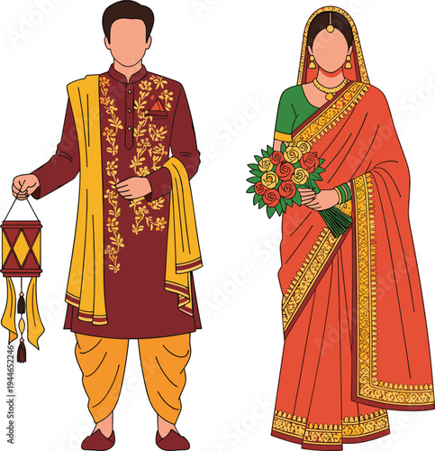 Indian couple in traditional wedding attire faceless man wearing sherwani and woman in red saree holding bouquet for marriage celebration,