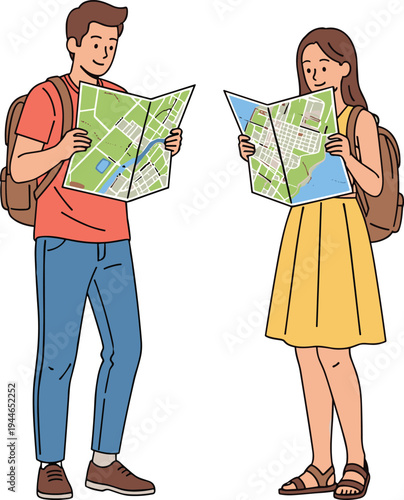Young couple travelers with backpacks holding paper maps searching for directions during summer vacation trip, flat vector illustration on white background