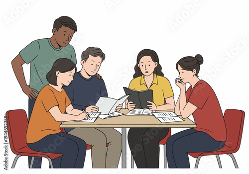 Diverse group collaborating around a table, reviewing documents and books in a study or business discussion.