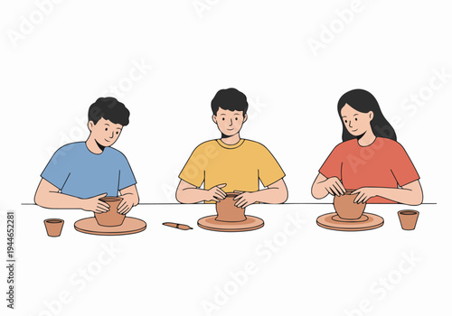 Young people enjoying a pottery class, crafting clay pots on wheels in a ceramics workshop illustration.