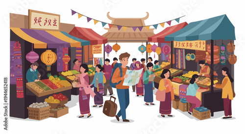 Traveler navigating a crowded, colorful Southeast Asian traditional market street, surrounded by vendors and vibrant stalls.