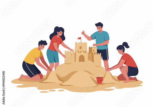 Happy friends building a large sandcastle together on the beach during summer holidays.
