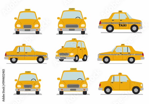 Vector set of nine different yellow taxi cab illustrations in various models, featuring front and side views isolated on a white background.