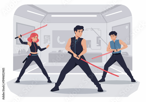 Futuristic combat training scene showing three young warriors wielding red energy swords in a sterile sci-fi setting.