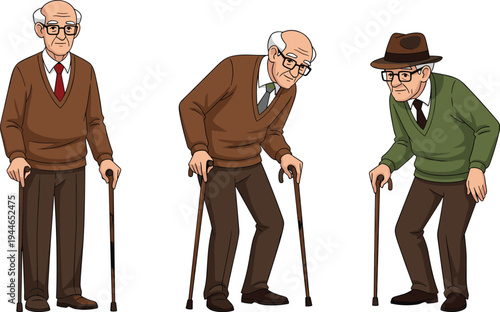 Flat vector illustration of an elderly senior man character set, walking with canes, wearing glasses and sweaters, geriatric healthcare, retirement.